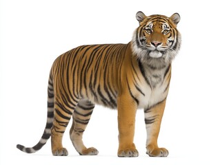 Obraz premium Majestic tiger standing confidently against a plain white background, showcasing its striking orange and black stripes, embodying strength and grace in the wild