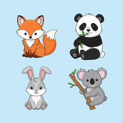 Cute Forest and Wild Animal Vector Set &ndash; Fox, Panda, Rabbit, and Koala in Cartoon Style