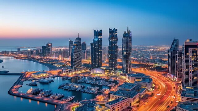 Doha Qatar Cityscape Featuring a Tranquil Marina and Illuminated Tall Skyscrapers at Night With Reflections on the Bay Waters