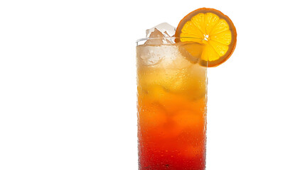 The image showcases a highball glass filled with a vibrant, layered cocktail, adorned with ice cubes, an orange slice, and a plain white background.