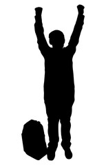 Silhouette of a student celebrating with arms raised and backpack on the ground. Vector illustration