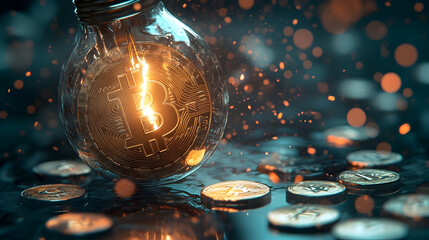 Futuristic digital art of glowing incandescent bulb with bitcoin symbol