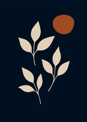 Modern minimalist abstract leaf art. Beige plant silhouette and brown circle, dark blue background