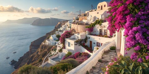 Santorini village with white buildings and flowers
