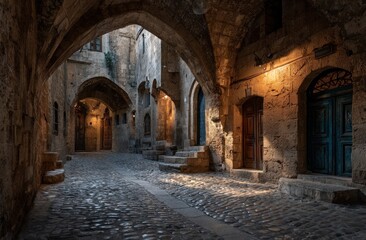A cobblestone street winds through arched stone buildings, warm light casting shadows in a historic alleyway