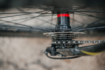 Mountain Bike Transmission in Mud. Dirty Chain Drive of Mountain Bike