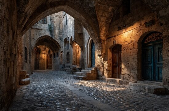 A cobblestone street winds through arched stone buildings, warm light casting shadows in a historic alleyway - Powered by Adobe