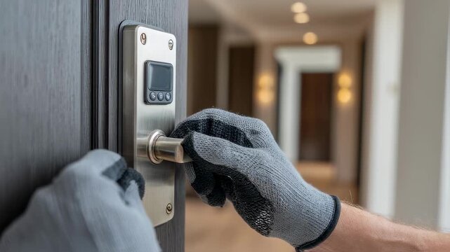 Close up of gloved hands working on a modern electronic door lock installation or repair, ensuring safety and access control within a residential or commercial building