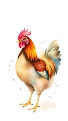 Fototapeta premium Watercolor illustration of a colorful chicken on white background, isolated with space for text.