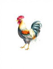 Fototapeta premium Watercolor illustration of a colorful chicken on white background, isolated with space for text.