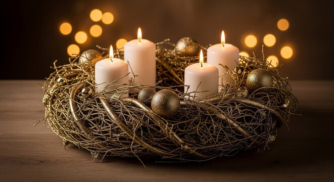 Rustic Gold Advent Wreath with Four Lit Candles