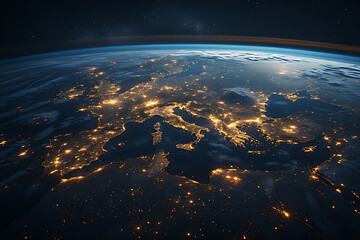 Earth at night showing illuminated Europe and Mediterranean Sea