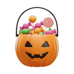 3D Plastic Halloween Pumpkin Candy Bucket Icon with Colorful Sweets for October Celebrations