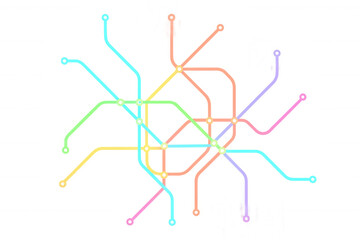Abstract colorful subway map showing interconnected public transport routes with stops and lines on a transparent background