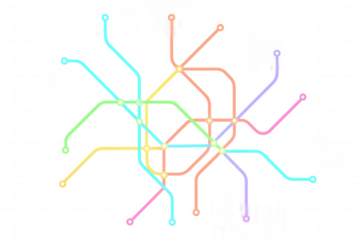 Abstract colorful subway map showing interconnected public transport routes with stops and lines on a transparent background