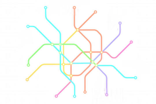 Abstract colorful subway map showing interconnected public transport routes with stops and lines on a transparent background
