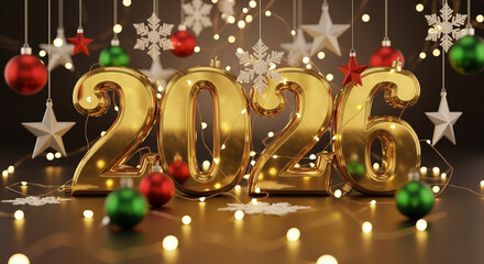 Gold 2026 Numbers with Festive Christmas Decorations