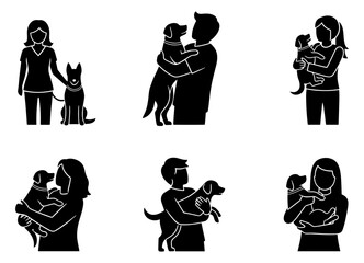 Vector art of collection of people and dog silhouettes interacting