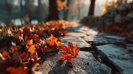 Fototapeta premium Autumn forest path with glowing sunlight high resolution Wallpaper