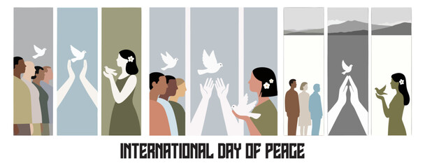 Minimalist illustration of International Day of Peace with diverse people, doves, and hands releasing birds as a symbol of hope, harmony, and unity.