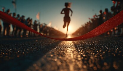 A silhouette of a runner approaching the finish line, a red ribbon stretched taut, backlit by a sunset. Spectators cheer