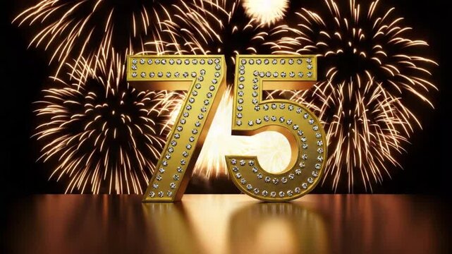 Shiny golden 75 anniversary number with sparkling fireworks in background, festive celebration design for jubilee and birthday