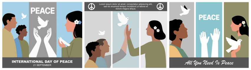 Flat illustration for International Day of Peace showing diverse people, doves, hands, and harmony symbols with text 