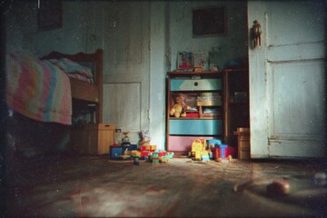 Fototapeta premium Vintage Bedroom Scene with Toys and Bed, Nostalgic Interior