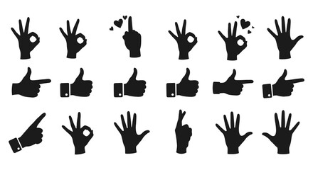 Various hand gestures and signs in black silhouette on white background