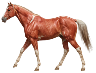 Horse anatomy, walking, muscle detail, dark background, equine education