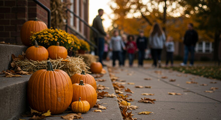 Pumpkins and autumn leaves displayed on steps outside with people walking  
