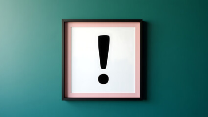 Exclamation mark in a frame hanging on a green wall for decoration