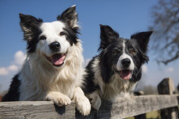 Fototapeta premium Two happy border collie dogs sitting on a wooden fence and looking at the camera, with a clear blue sky in the background Generative AI