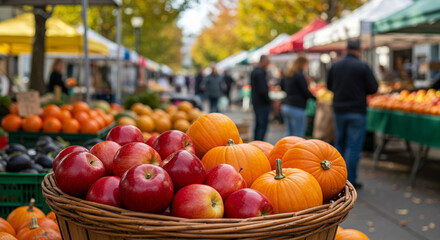 Basket of red apples and orange pumpkins at autumn farmers market  