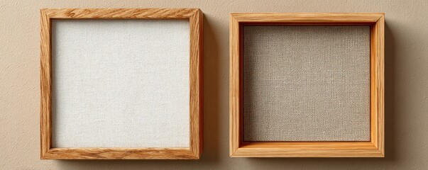 Fototapeta premium Two square wooden frames, one filled with white canvas, the other with a neutral-toned one, on a neutral background