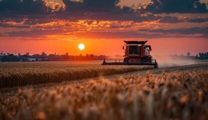 Fototapeta premium A harvesting machine cuts through golden wheat fields at sunset. The sky blazes orange as the sun dips low on the horizon