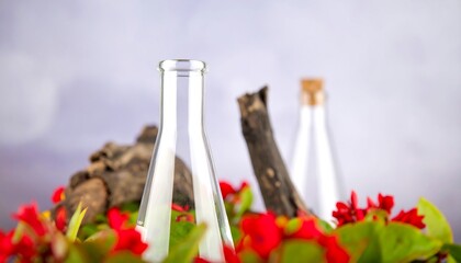 Clear glass flasks amidst red flowers