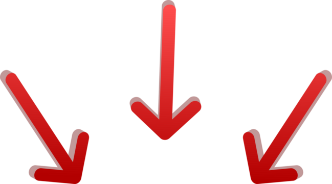  gradient red 3D triple downward arrows  isolated on transparent background