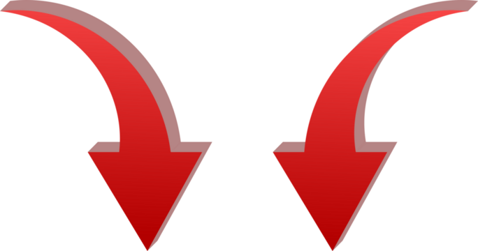 Gradient red 3D Double Down Arrow Icon Isolated on Transparent Background