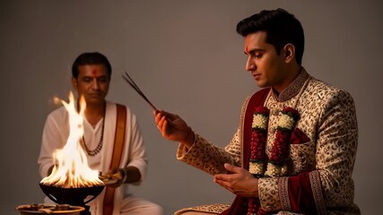 Hindu Wedding Ceremony Groom in Beige Sherwani with Priest Offering Prayers to Agni Divine Fire God in Studio Shot