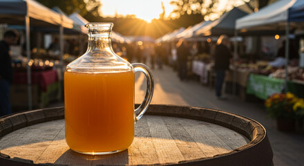 Fresh apple cider in jug on wooden barrel at sunset farmers market  