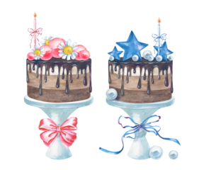 Two watercolor cakes for Baby Shower, blue and pink, are hand-drawn. The watercolor illustration is isolated on a white background. A template with festive desserts for a boy and a girl.