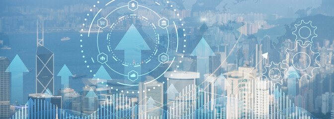 Business process automation concept. Gears and icons on abstract city background