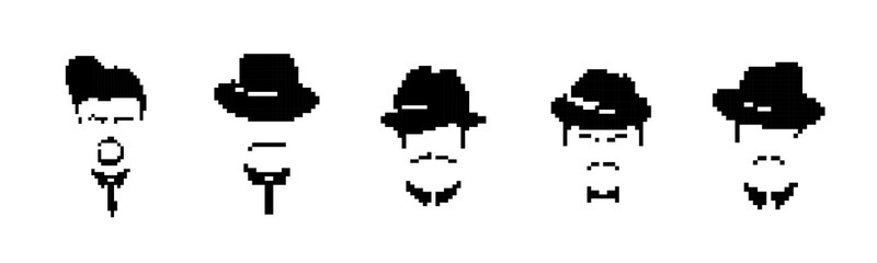 Collection of pixelated vintage-style portraits showcasing men wearing various hats.