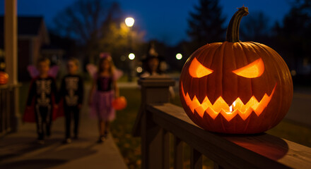 Halloween pumpkin with glowing face and children dressed in costumes  