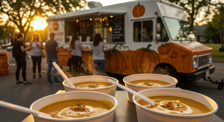 Pumpkin soup served at food truck during autumn holidays and events  