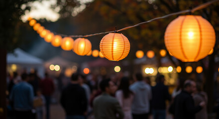 Decorative lanterns glowing during autumn evening festival in park  
