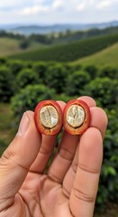 Closeup of a hand holding a halved ripe red coffee cherry, revealing the beans inside, with a coffee plantation in the background