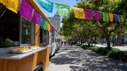street food festival, vibrant downtown taco festival with food trucks, papel picado, people sampling tacos, mexican flags, and a lively atmosphere, all in high-resolution magazine style
