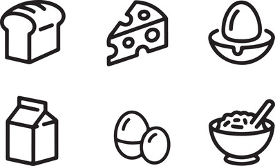 Set of six food icons including bread cheese eggs milk and cereal isolated on white background